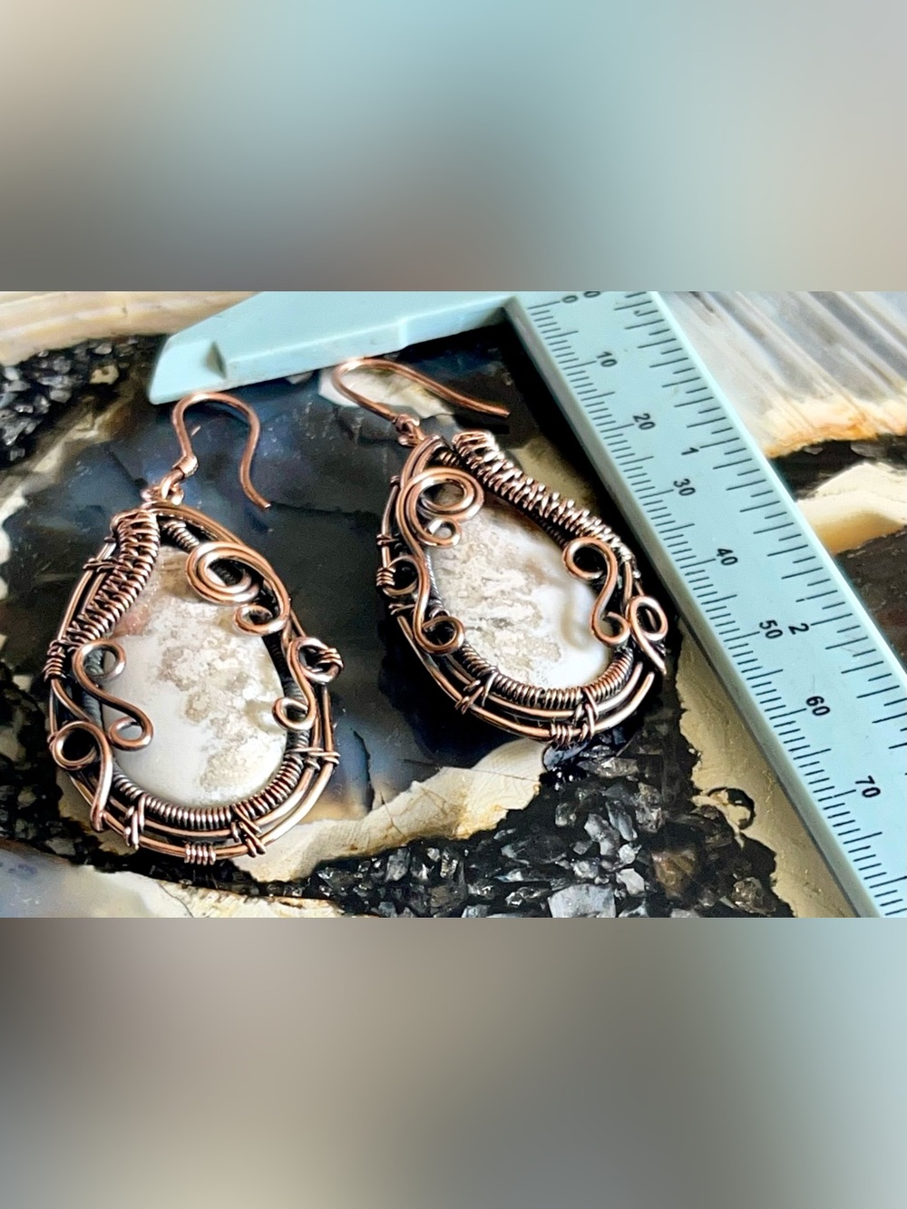 Copper Wire-wrapped Crazy Lace Agate Earrings 2 1/4” - Picture 16 of 17